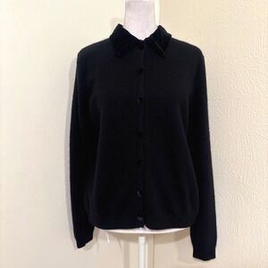 Lord & Taylor Vintage 90s Black Angora Lambswool Velvet‎ Collar Cardigan Sweater